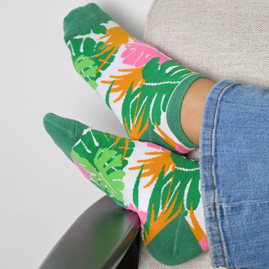 Pink and Khaki Mix Monstera Leaf Trainer Sock Duo