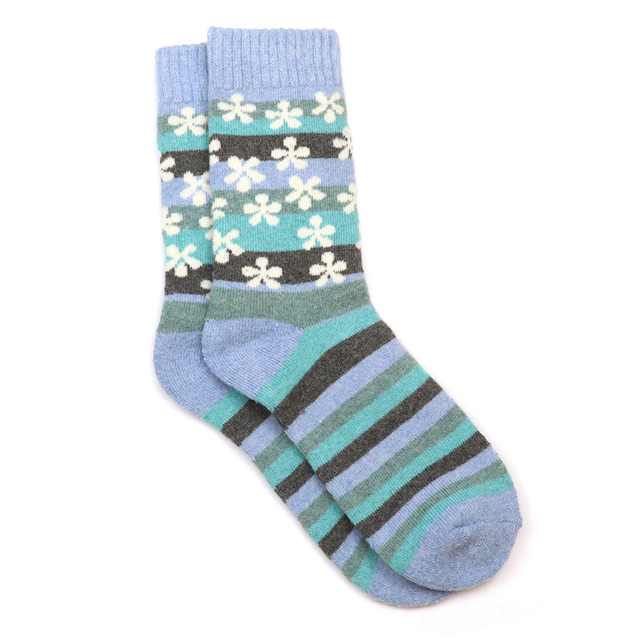 Alyssa Pale Blue, Aqua Mix Stripe & Flowers Socks