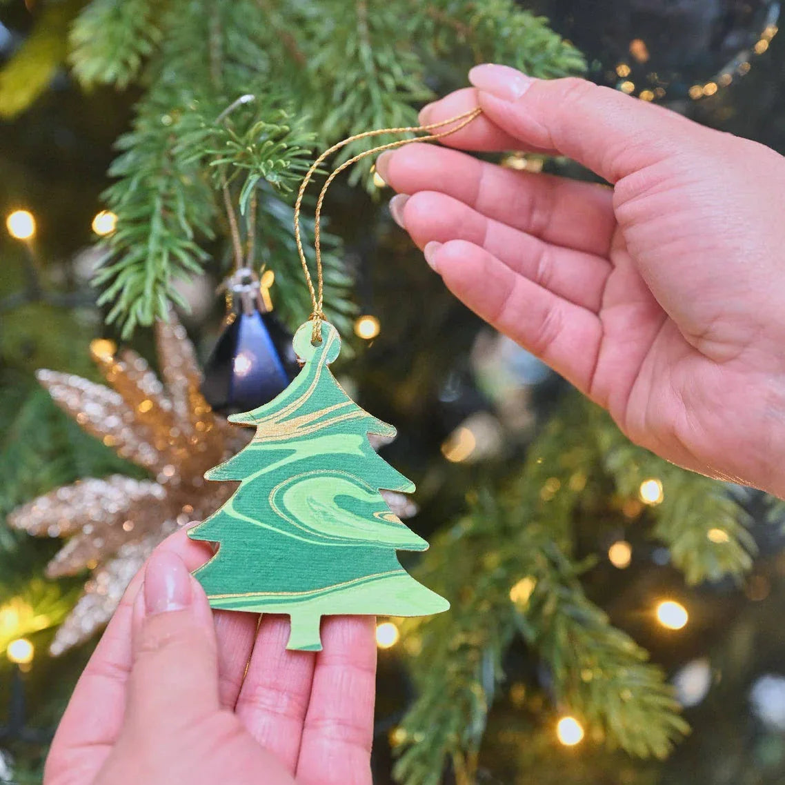 Emerald Hand Marbled Tree Shape Christmas Decoration Christmas Card