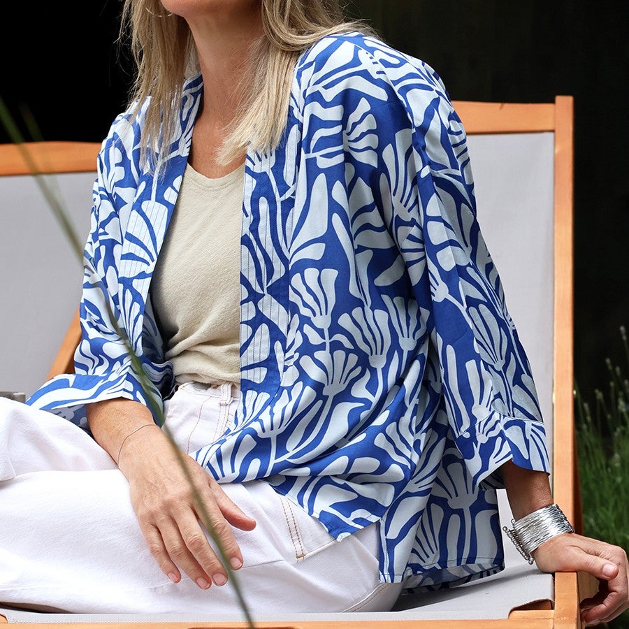 POM -  Blue & White Silhouette Print Kimono