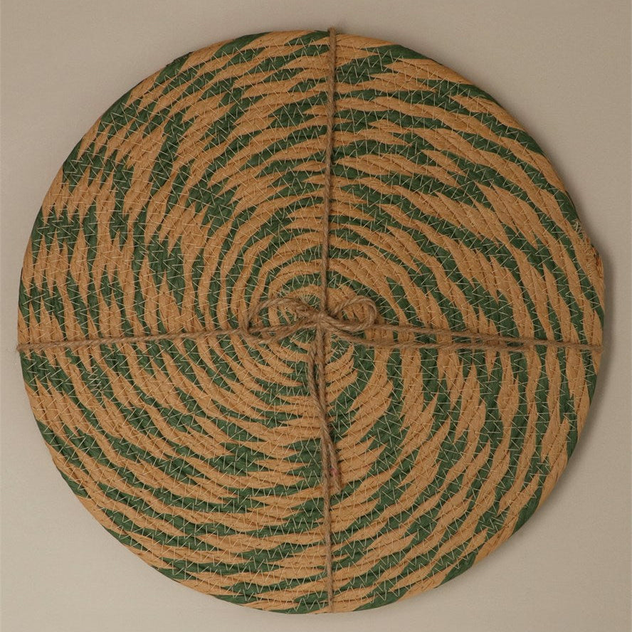Pack of 4 Placemats - Natural & Green Round