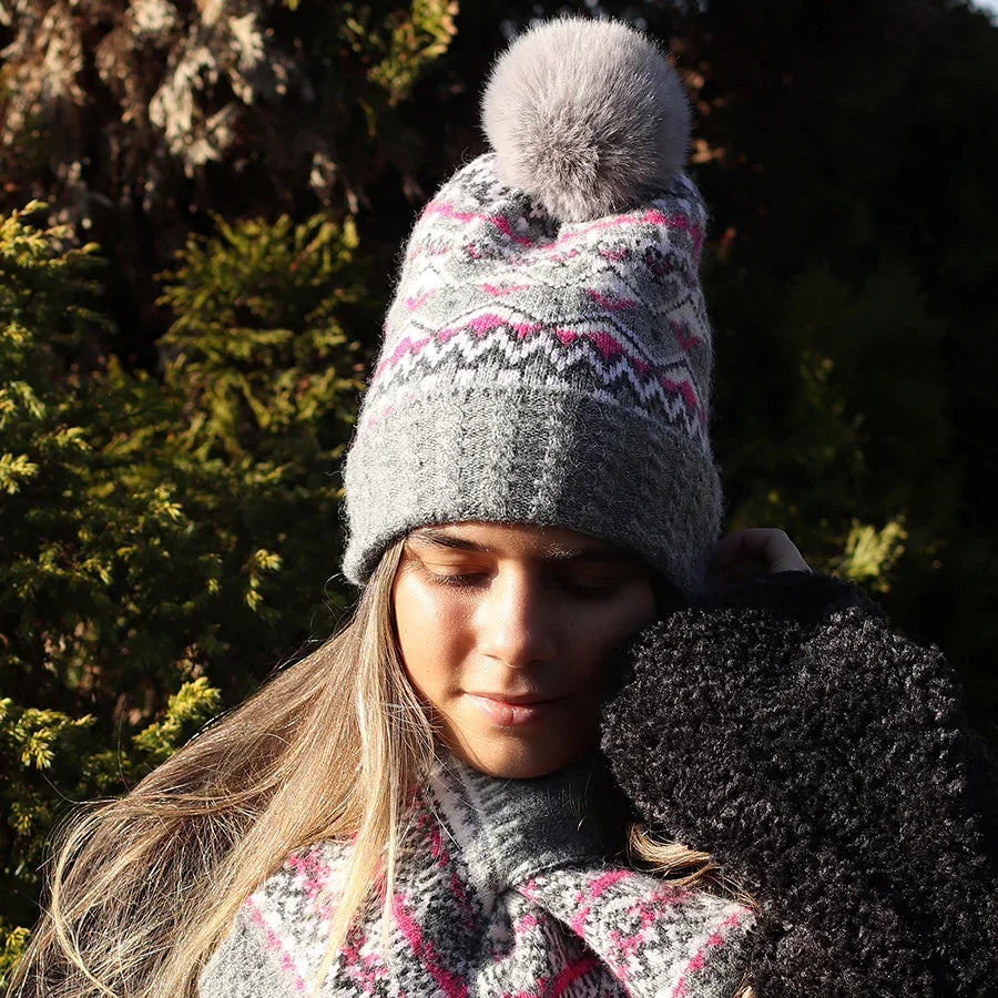 POM - Recycled Blend Grey Mix Fair Isle Bobble Hat