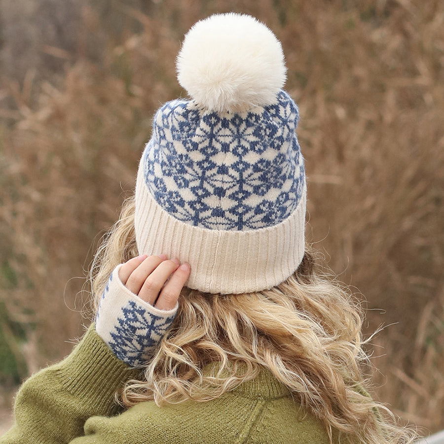 Blue and Cream Mix Starflower Knit Bobble Hat