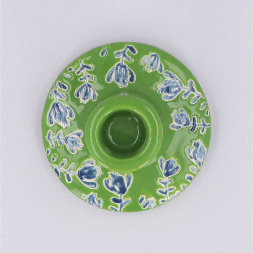 Ceramic Candle Holder - Green with Blue Flowers