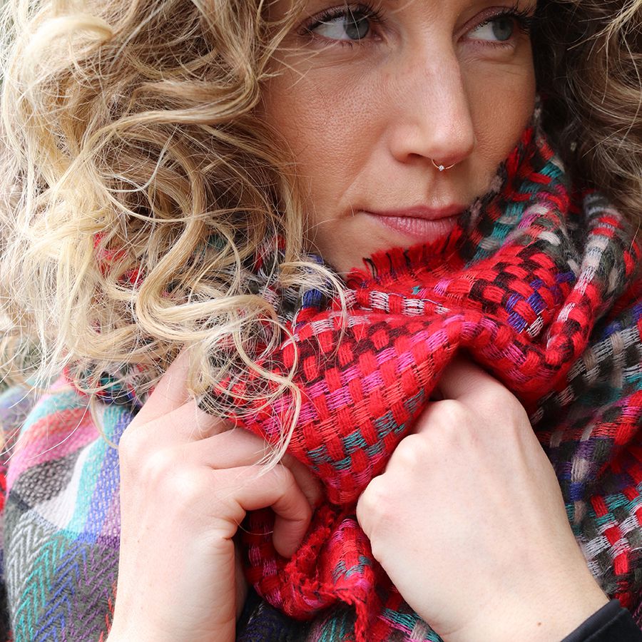 Red Mix Woven Check Fringe Scarf