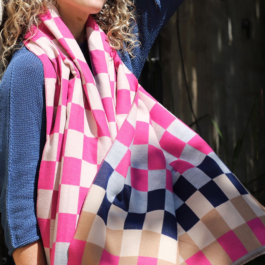 Chequerboard Jacquard Scarf in Bright Pink & Beige