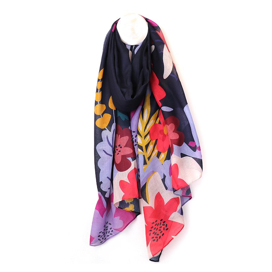 Navy Blue Recycled Scarf with Tropical Print Edge 52632