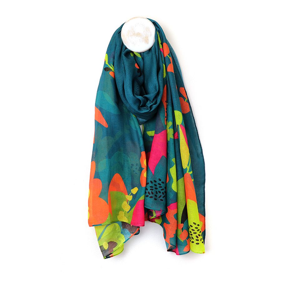 Teal Blue Recycled Scarf with Tropical Edge Print