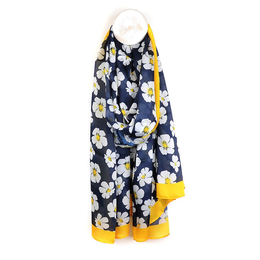 Silky Navy Pansy Print Scarf with Yellow Border