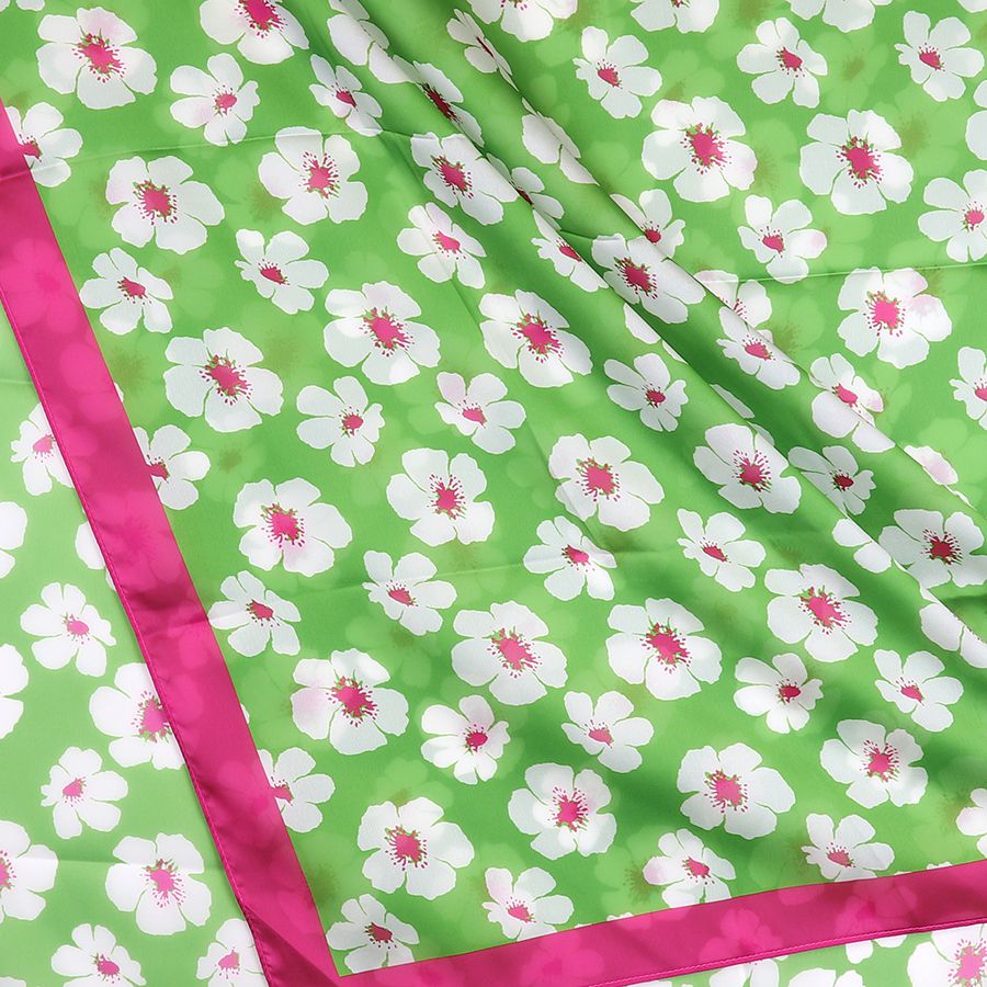 POM - Silky Green Pansy Print Scarf With Pink Border