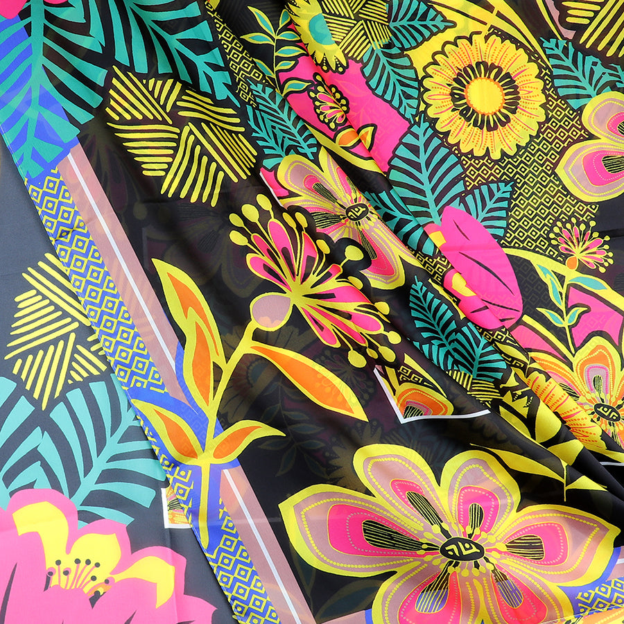 Silky Black & Vibrant Flower Print Scarf