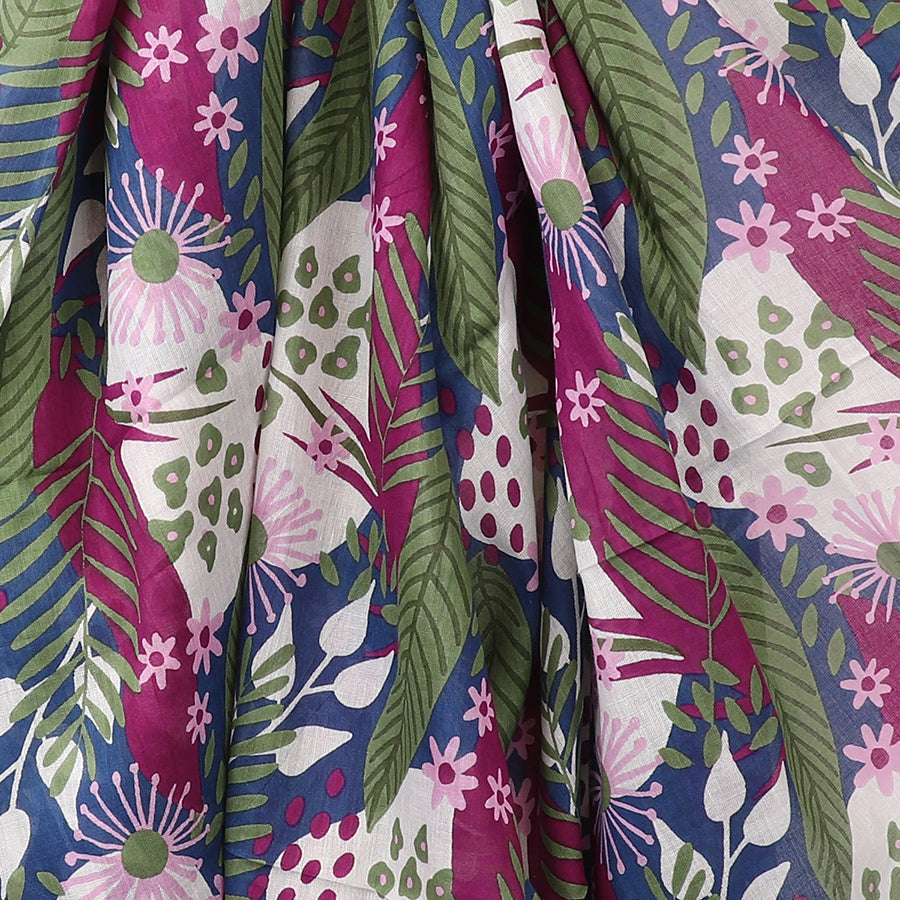 Organic Cotton Blue, Green and Purple Mix Botanical Print Scarf