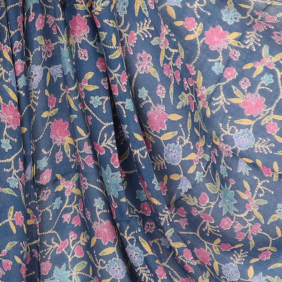 POM - Blue Mix Floral Vine Print Scarf With Fringe