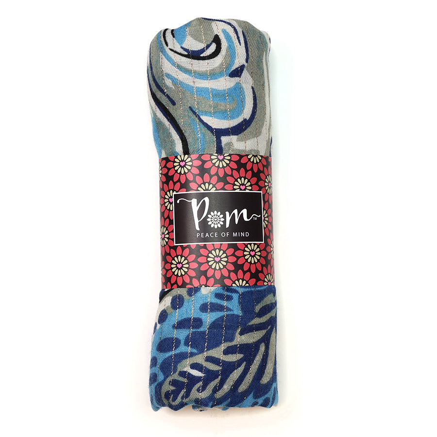 Pom - Blue Mix Paisley Leaf Print Scarf with Lurex