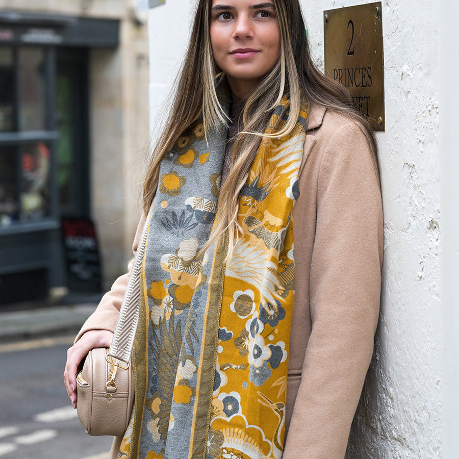 Pom - Mustard Crane & Floral Jacquard Scarf