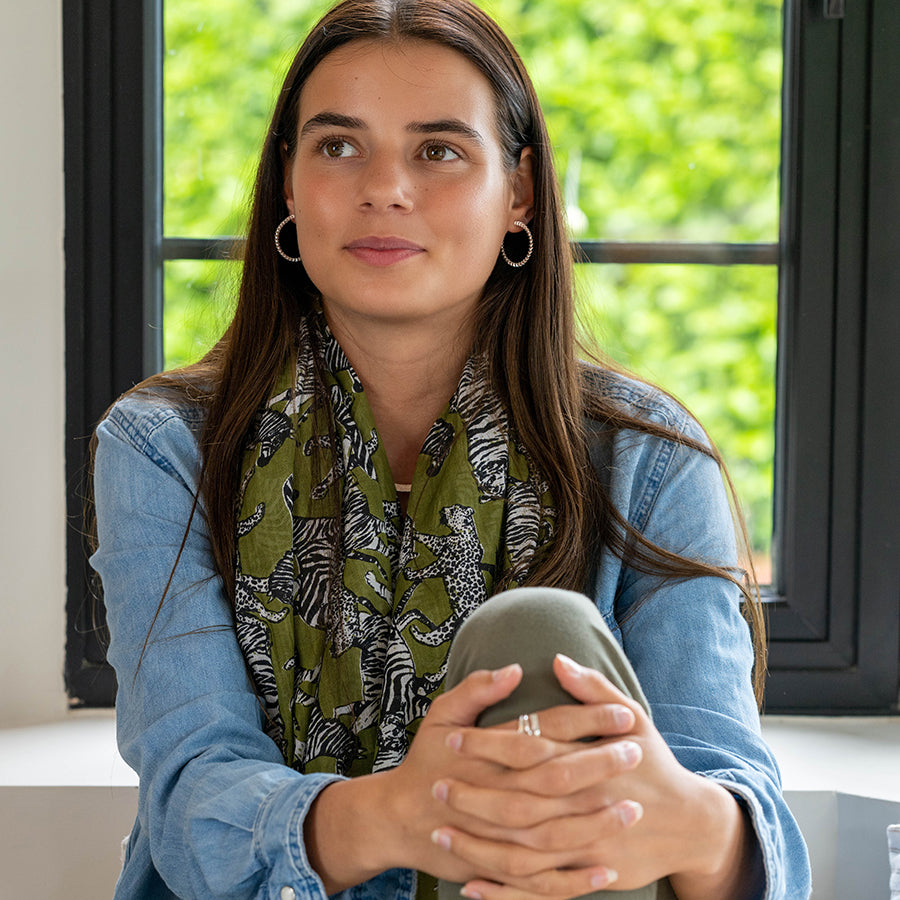 Pom - Green Zebra Stripe and Border Cotton Scarf