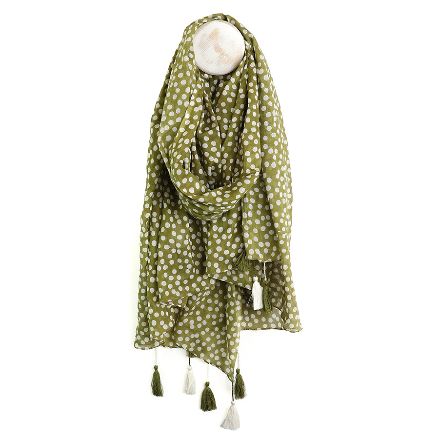 Pom  - Olive Dotty Print Cotton Scarf With Tassels