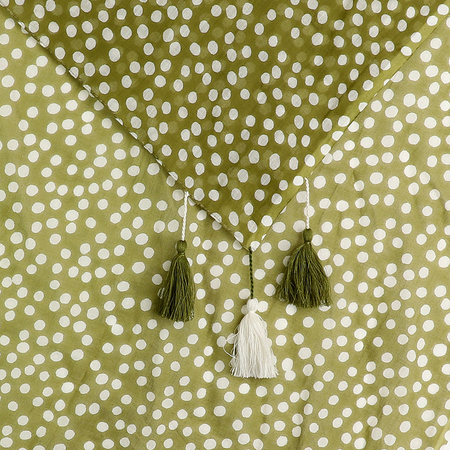 Pom  - Olive Dotty Print Cotton Scarf With Tassels