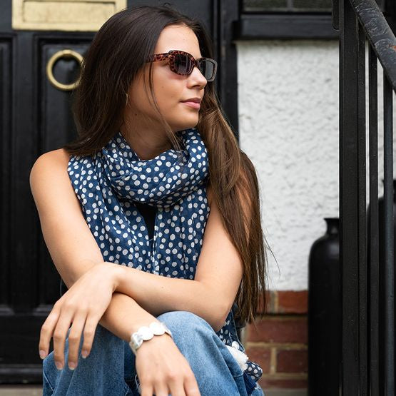 Pom  - Navy Polka Dot Print Organic Cotton Scarf With Tassel Trim