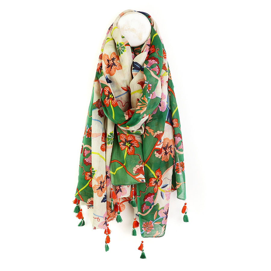 Pom  - Green & White Mix Cotton Floral Scarf