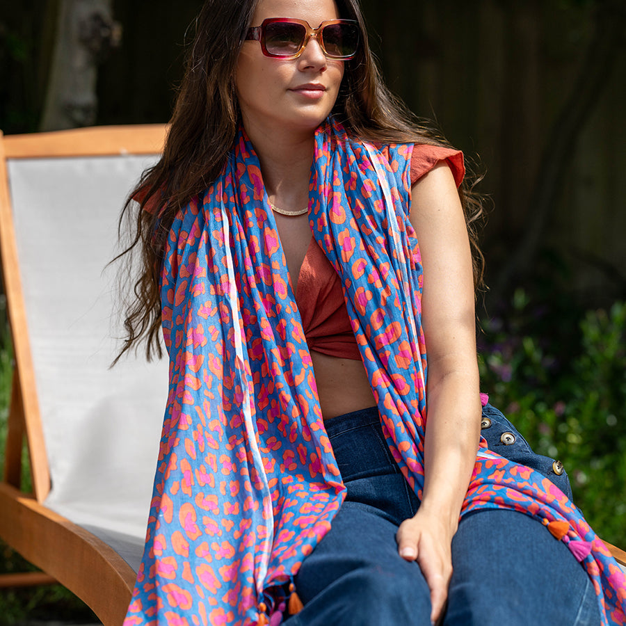 Pom  - Pink & Blue Cotton Camo Print Scarf
