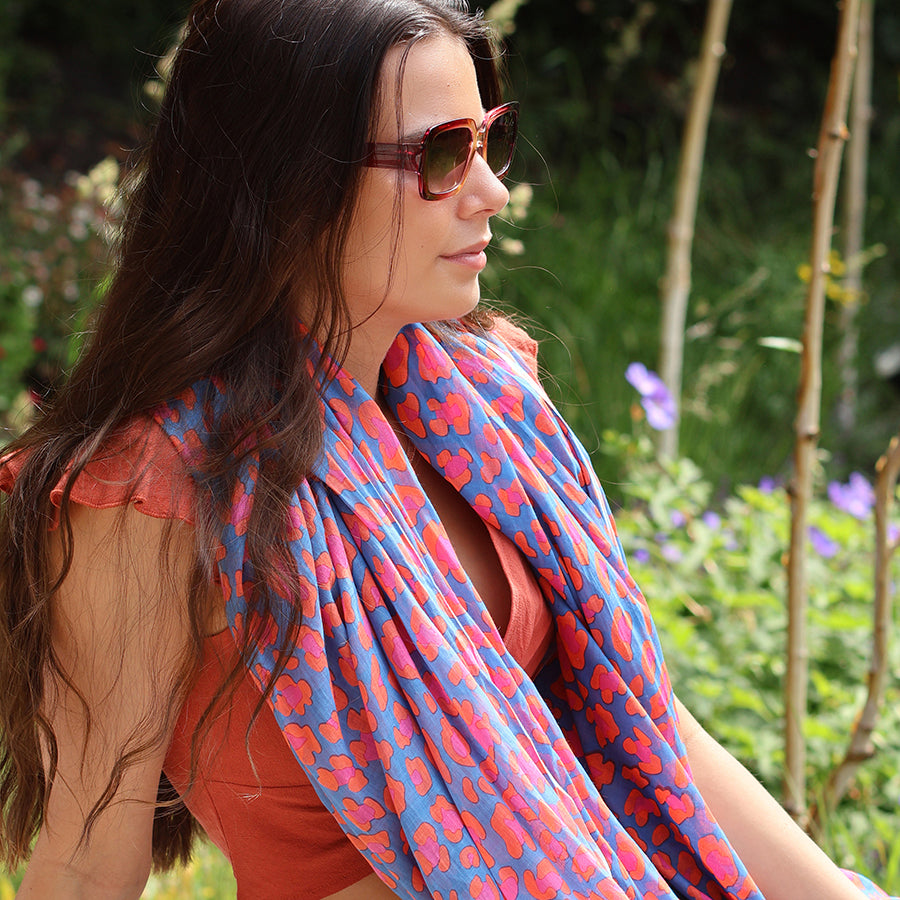 Pom  - Pink & Blue Cotton Camo Print Scarf