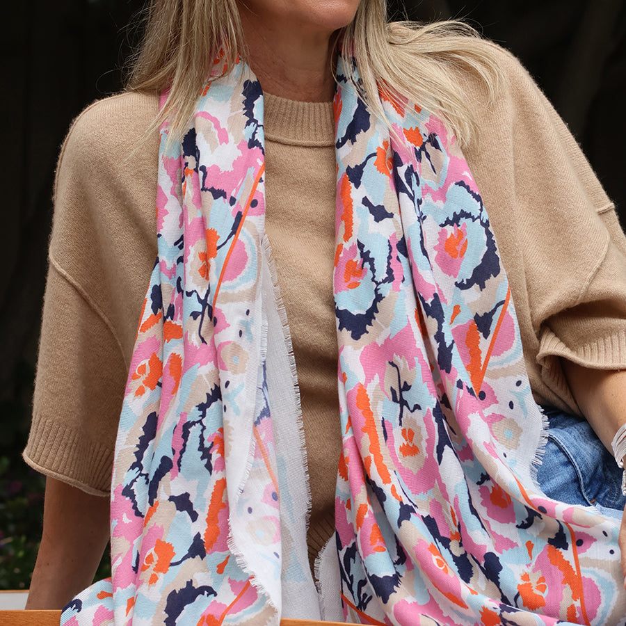 Pom  - Recycled White And Coral Abstract Ikat Scarf