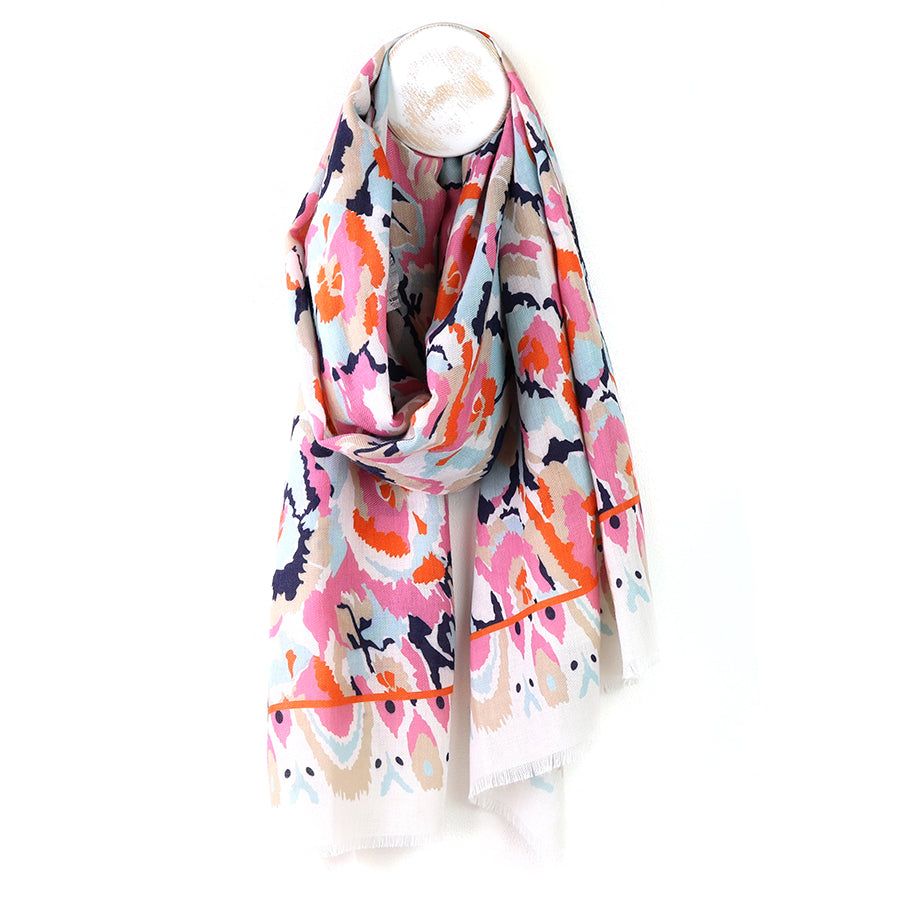 Pom  - Recycled White And Coral Abstract Ikat Scarf