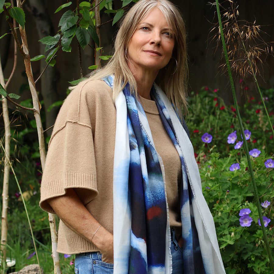 Pom  - Recycled Navy Mix Ink Print Scarf