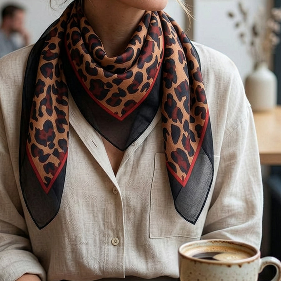Pom  - 100% Silk Animal Print Square Scarf Camel, Red & Navy Mix