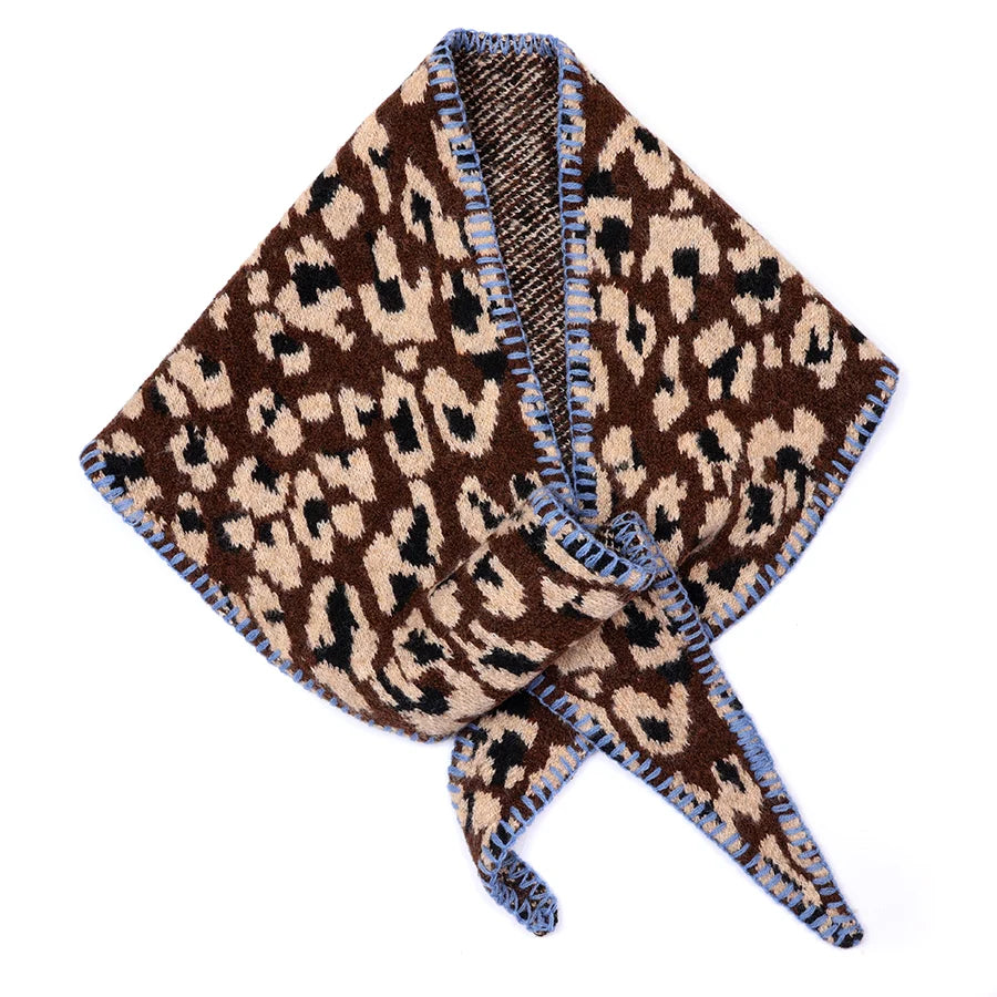 POM-Peggy Animal Print Knit Scarf with Blue Stitch Detail