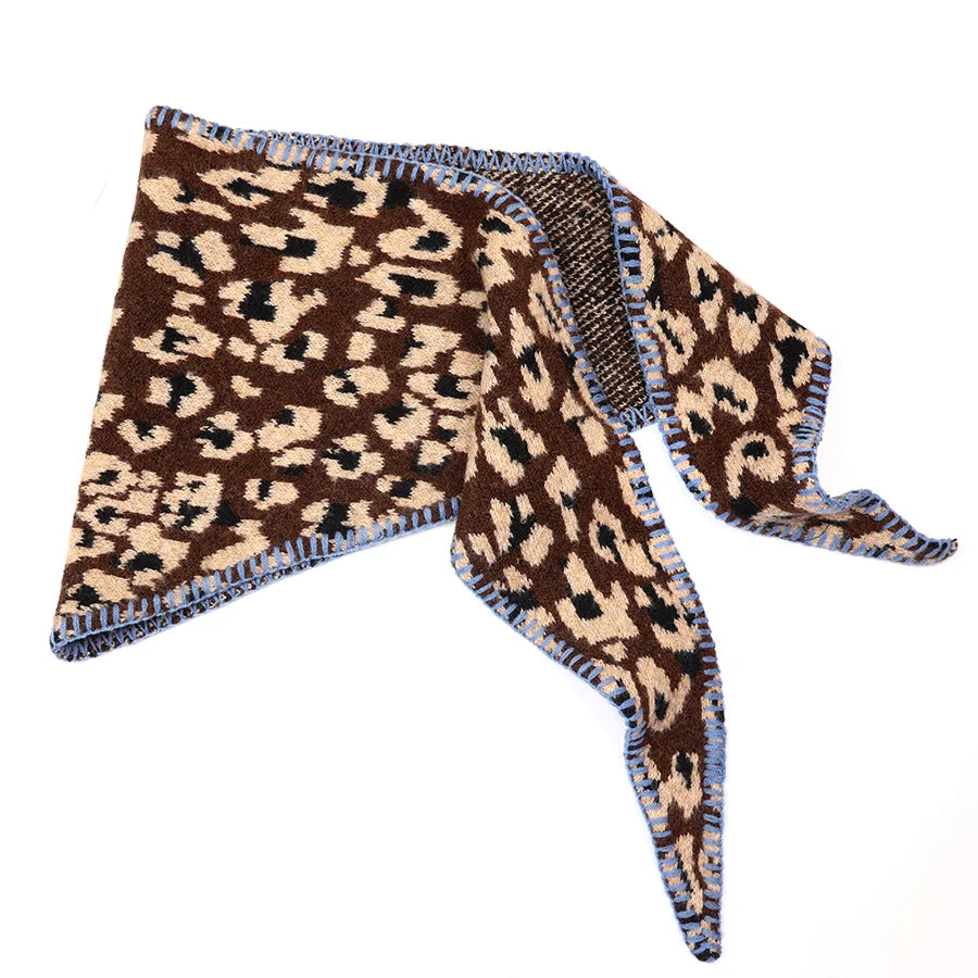 POM-Peggy Animal Print Knit Scarf with Blue Stitch Detail