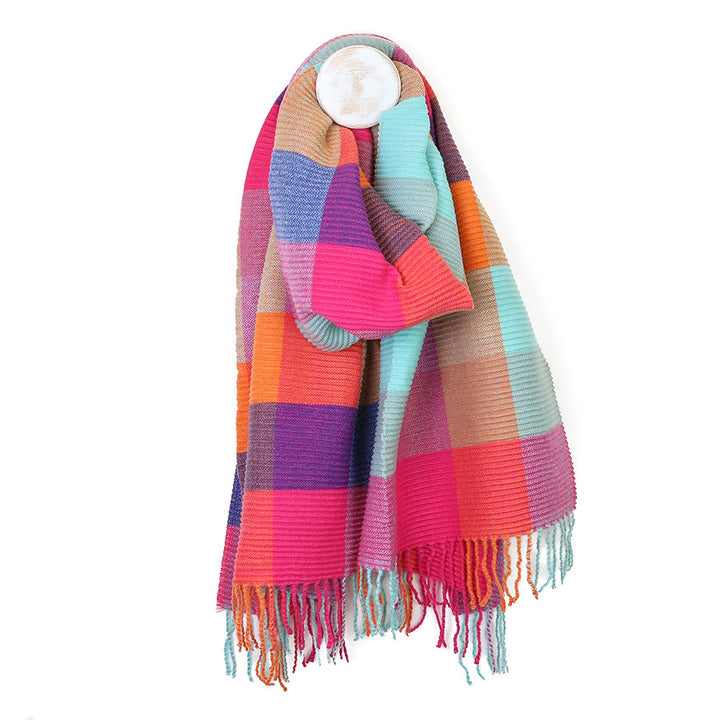 POM - Harriet Aqua, Pink & Multi Mix Pleated Check Scarf