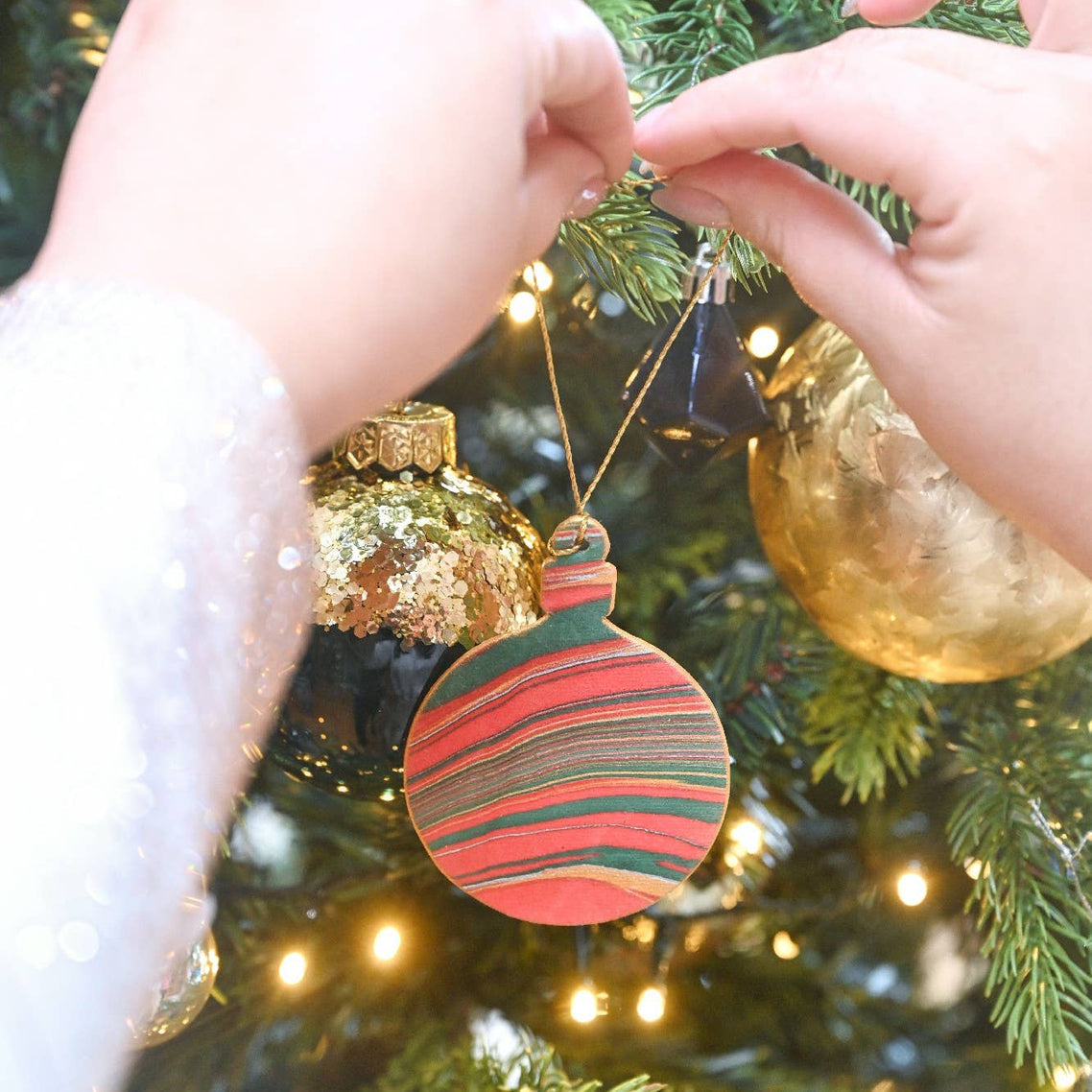 Festive Bauble Hand Marbled Christmas Decoration Greeting Card