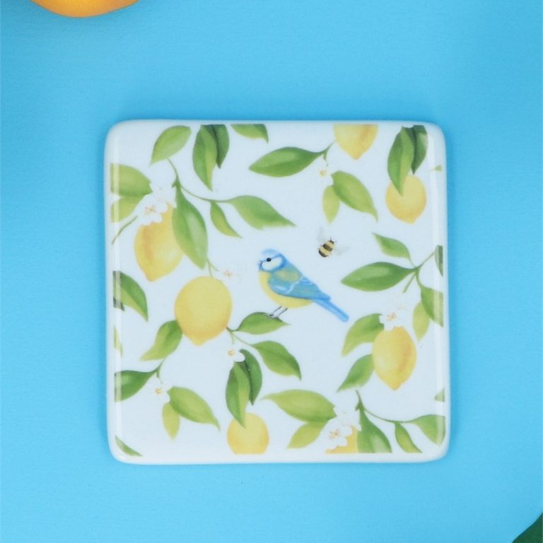 Lemons & Blue Tits Porcelain Coaster