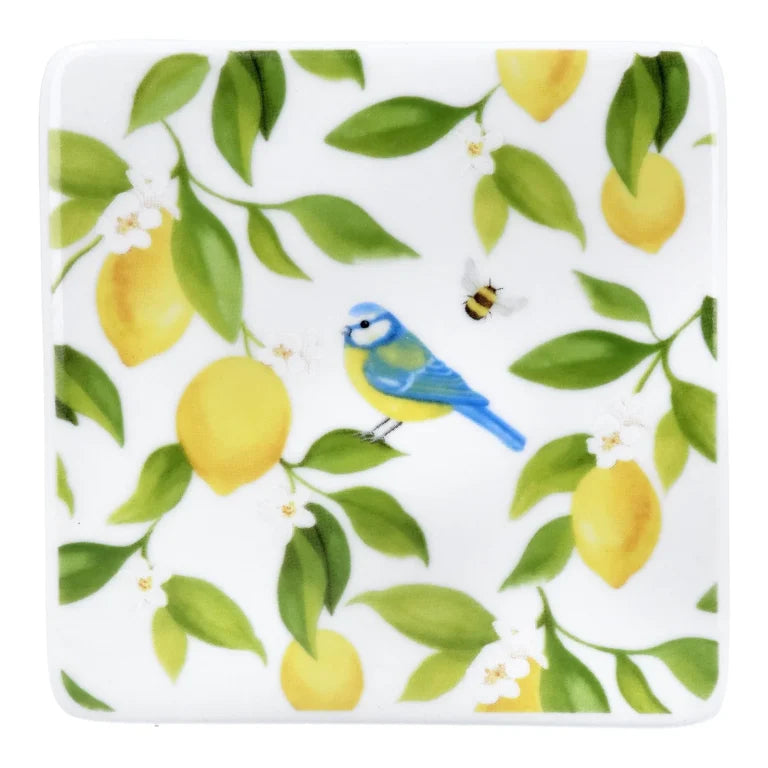 Lemons & Blue Tits Porcelain Coaster