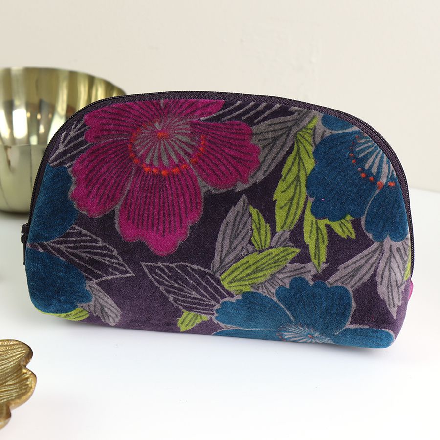 POM - Teal & Plum Mix Printed Velvet Botanical Make-up Bag