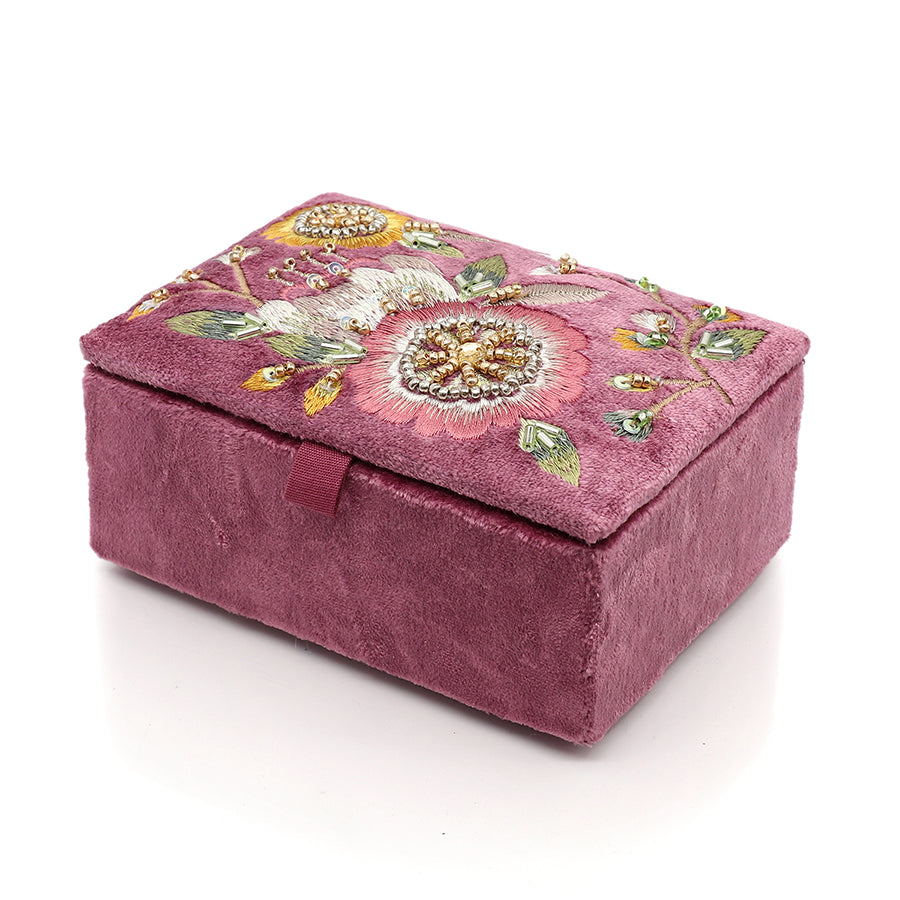 Pink Velvet Embroidered Floral Jewellery Box
