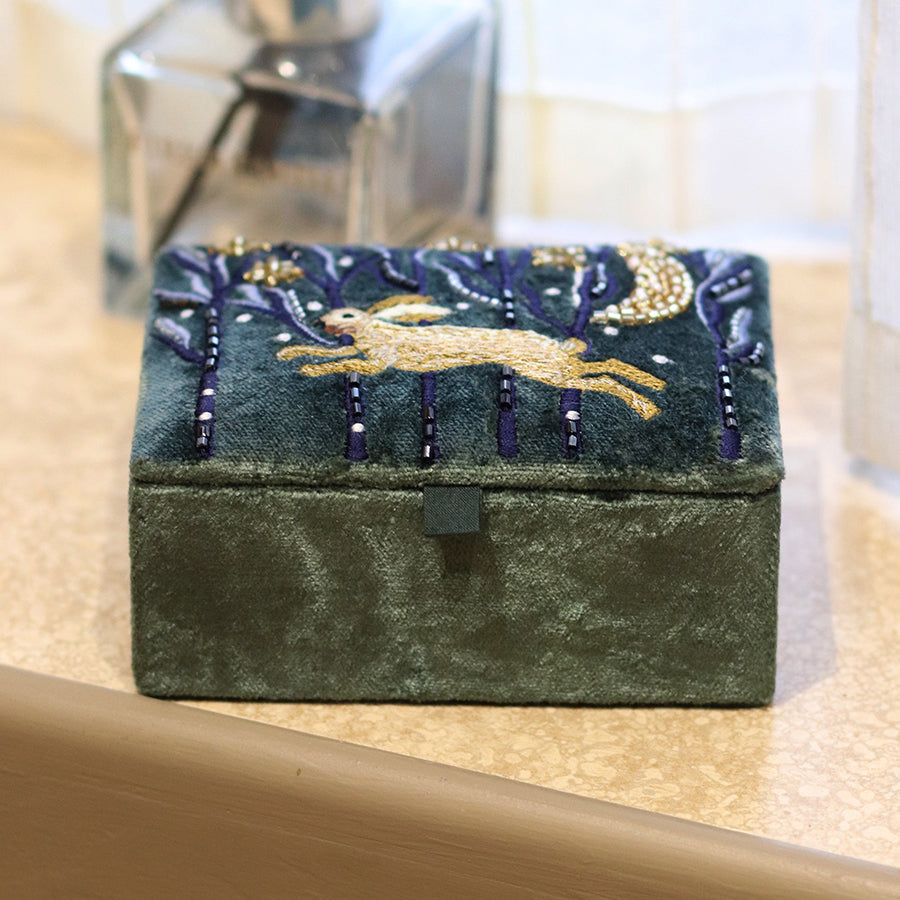 POM - Midnight Green Leaping Hare Embroidered Velvet Jewellery Box