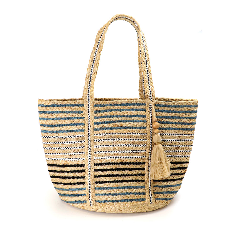 POM - Natural & Blue Mix Striped Jute Bag