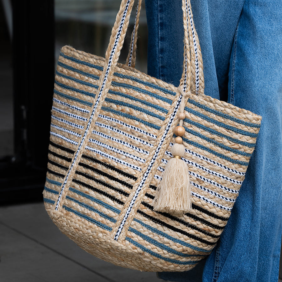 POM - Natural & Blue Mix Striped Jute Bag