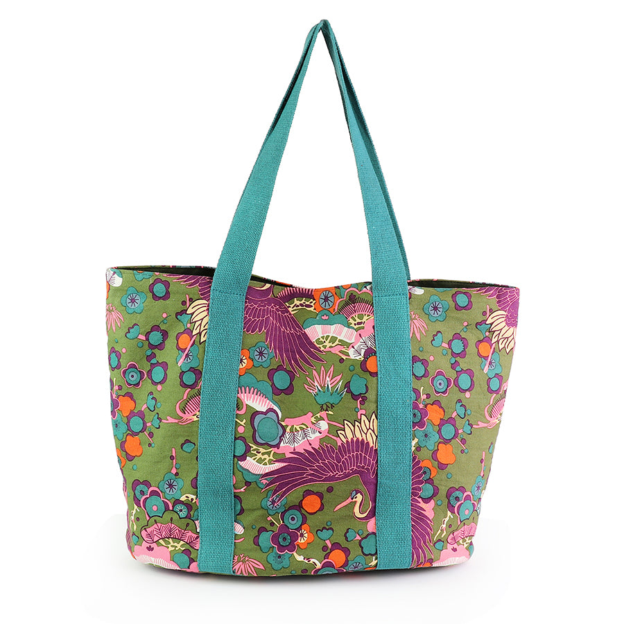POM - Khaki Mix Bird of Paradise Print Beach Bag