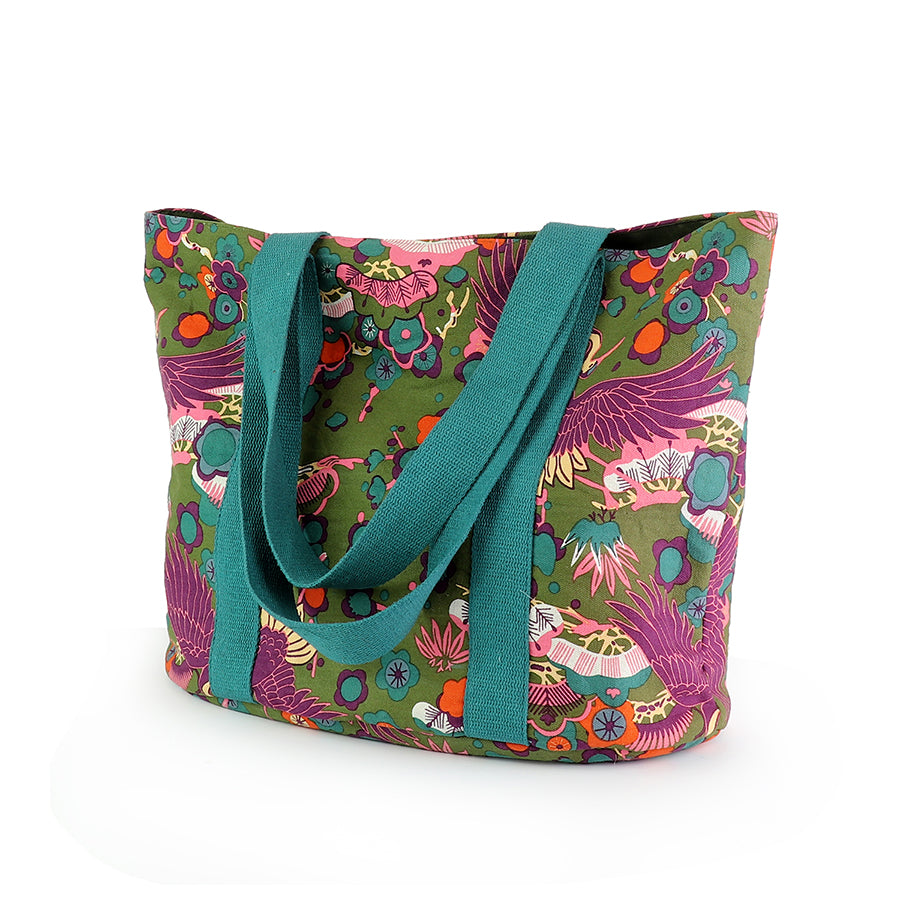POM - Khaki Mix Bird of Paradise Print Beach Bag