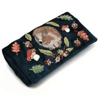 Dark Teal Velvet Jewellery Roll With Embroidered Hedgehog