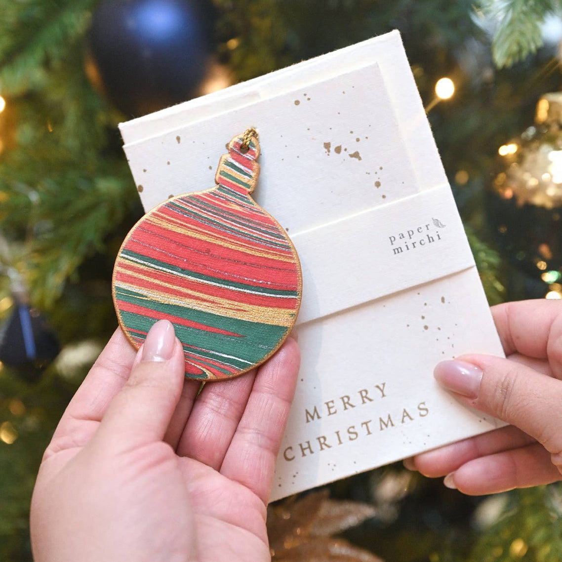 Festive Bauble Hand Marbled Christmas Decoration Greeting Card