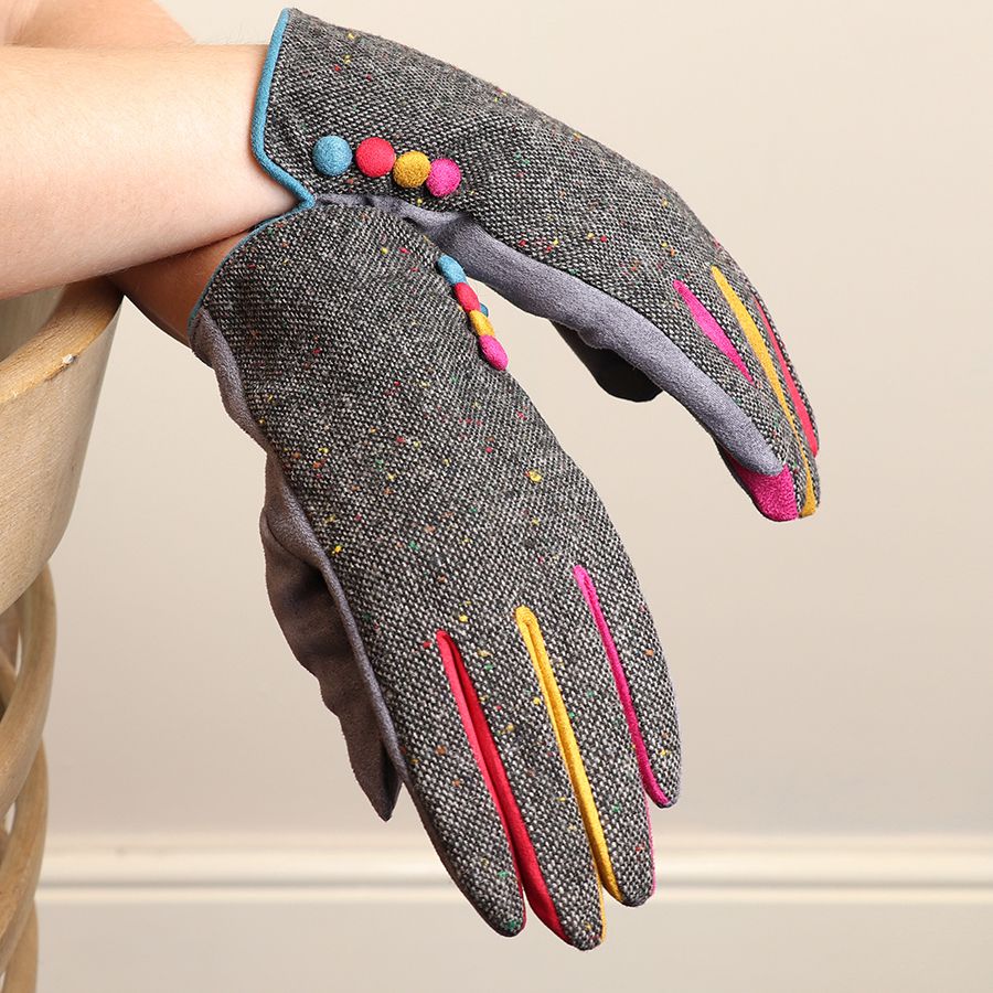 Mid Grey Tweed & Colour Contrast Gloves