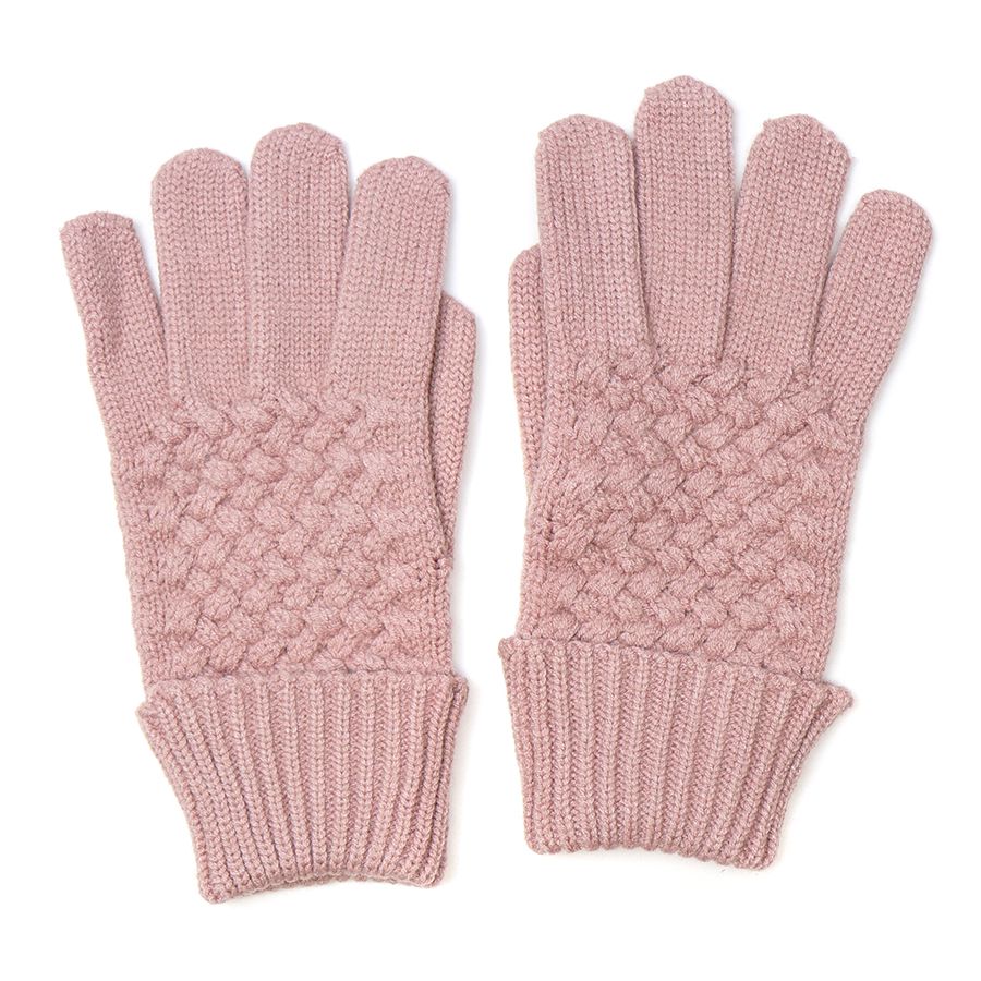 Dusky Pink Basketweave Knit Gloves With Ribbed Cuff