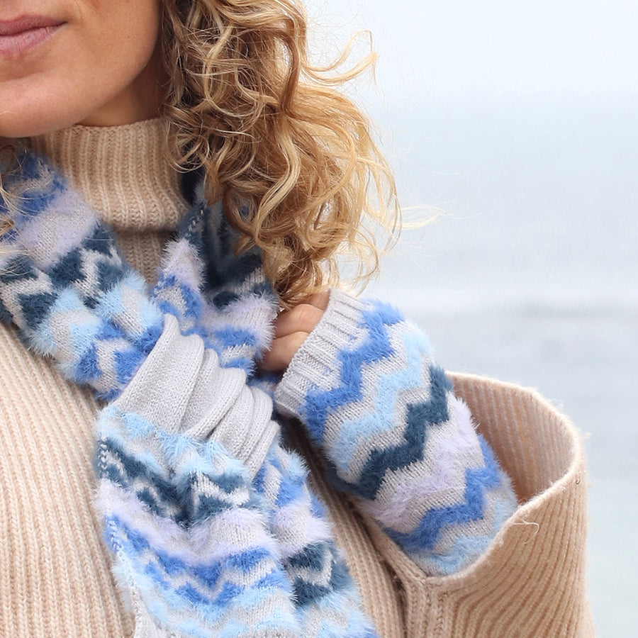 Super Soft Blue Mix Chevron Wrist Warmers