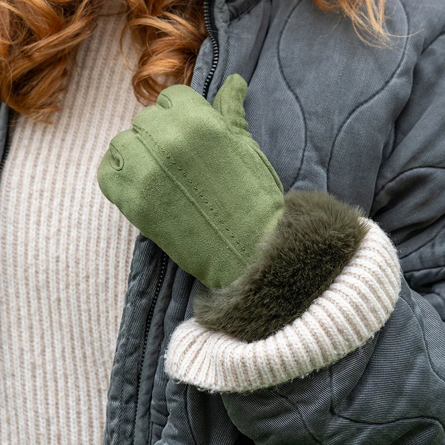 POM - Olive Faux Suede Faux Fur Gloves