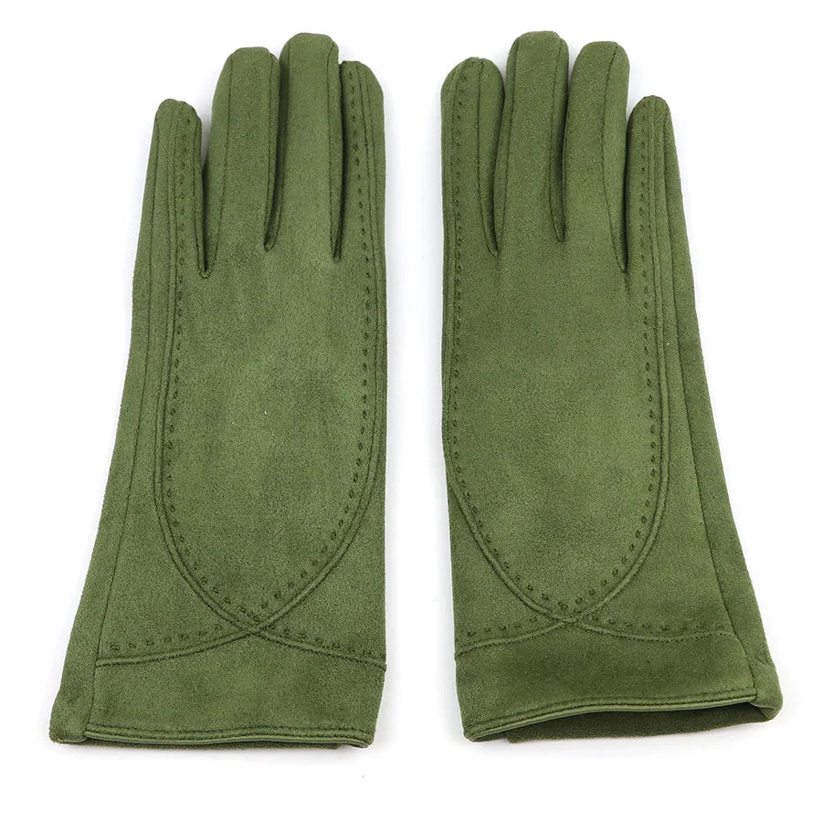 Pom - Olive Faux Suede Stitch Detail Gloves